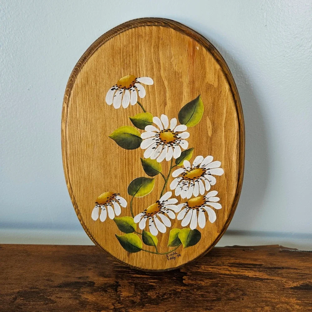 Vtg 70s 1978 Linda Eddy Signed Hand Painted Daisy Wood Plaque Oval Wall Art